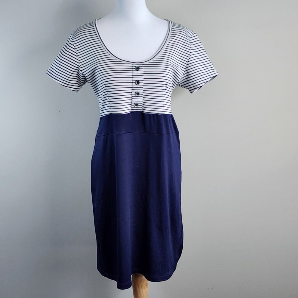 Esmara Striped Knit Henley Dress Womens Medium Blue White Nautical Preppy Coasta
